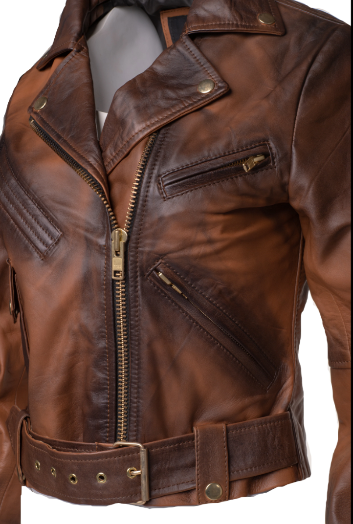 shaded brown crop biker leather jacket with waist belt
