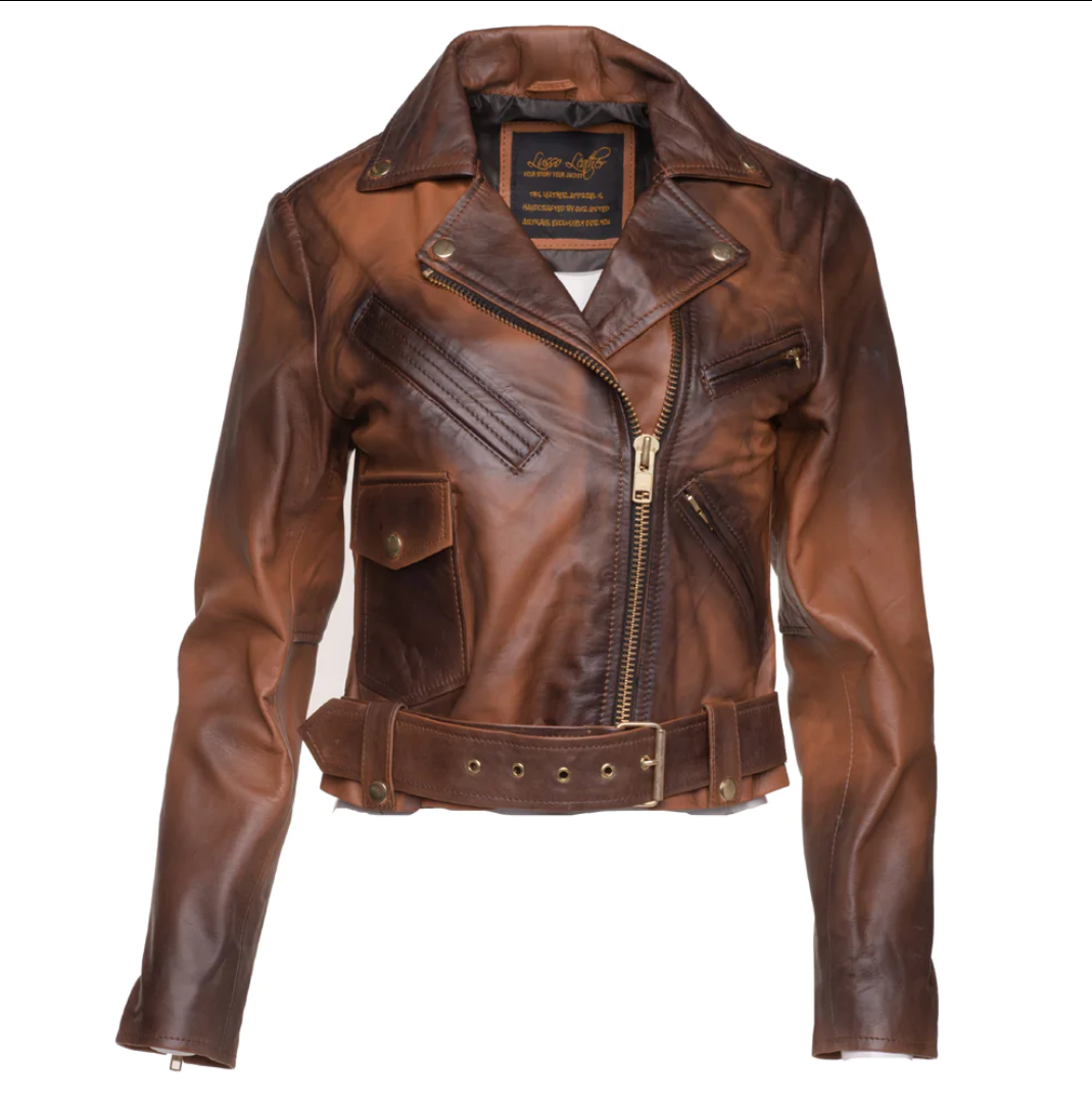 shaded brown crop biker leather jacket with waist belt