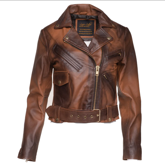 shaded brown crop biker leather jacket with waist belt