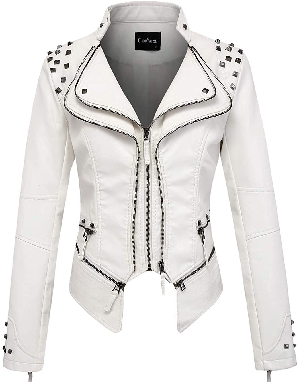 Women's Fashion Studded Perfectly Shaping Faux Leather Biker Jacket
