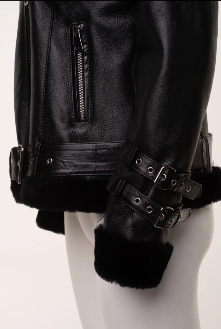 Black Biker Sheepskin Jacket with Hoodie