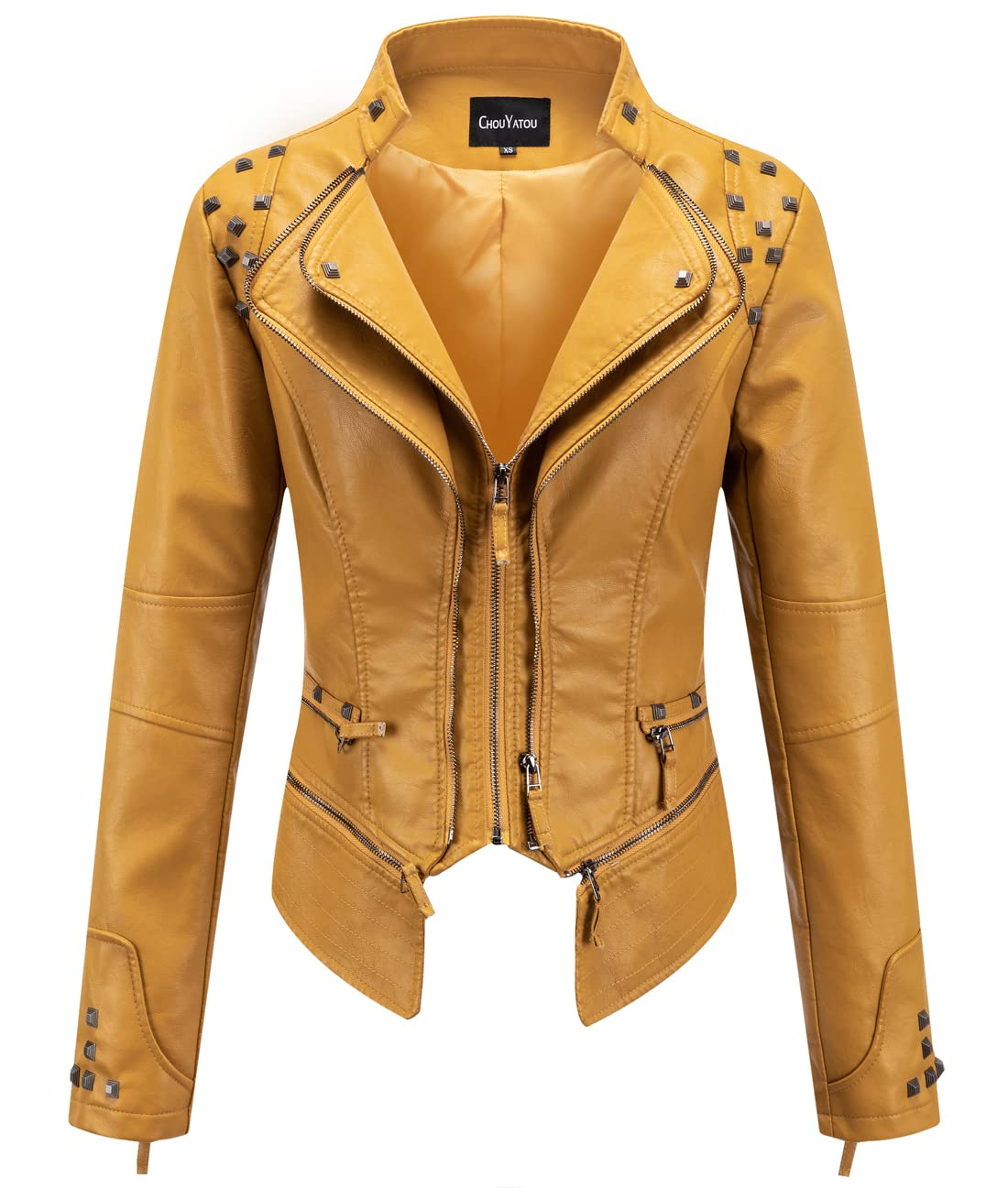 Women's Fashion Studded Perfectly Shaping Faux Leather Biker Jacket