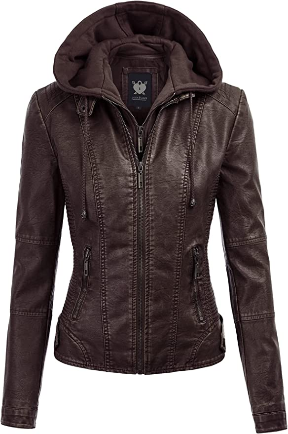 Women's Removable Hooded Faux Leather Jacket Moto Biker Coat