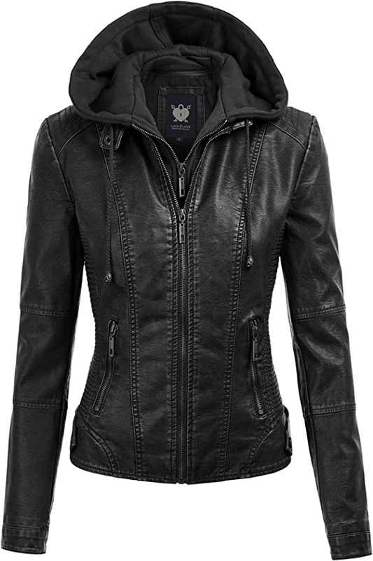 Women's Removable Hooded Faux Leather Jacket Moto Biker Coat