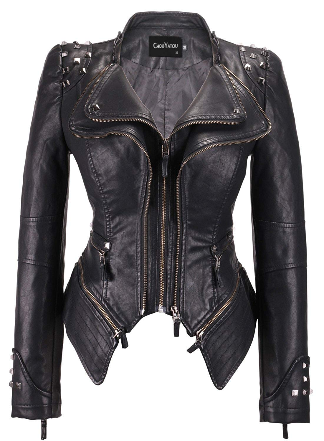 Women's Fashion Studded Perfectly Shaping Faux Leather Biker Jacket