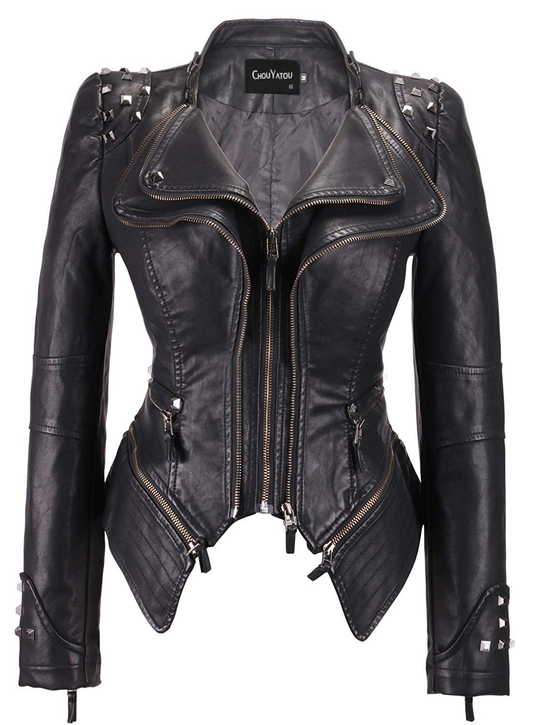 Women's Fashion Studded Perfectly Shaping Faux Leather Biker Jacket