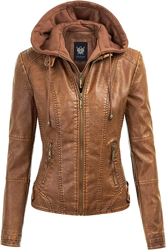 Women's Removable Hooded Faux Leather Jacket Moto Biker Coat