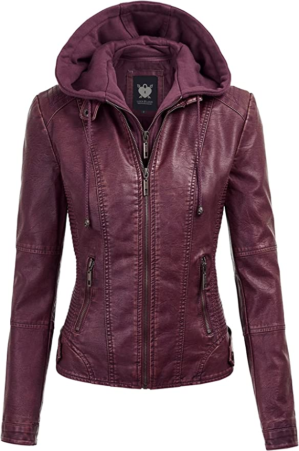 Women's Removable Hooded Faux Leather Jacket Moto Biker Coat