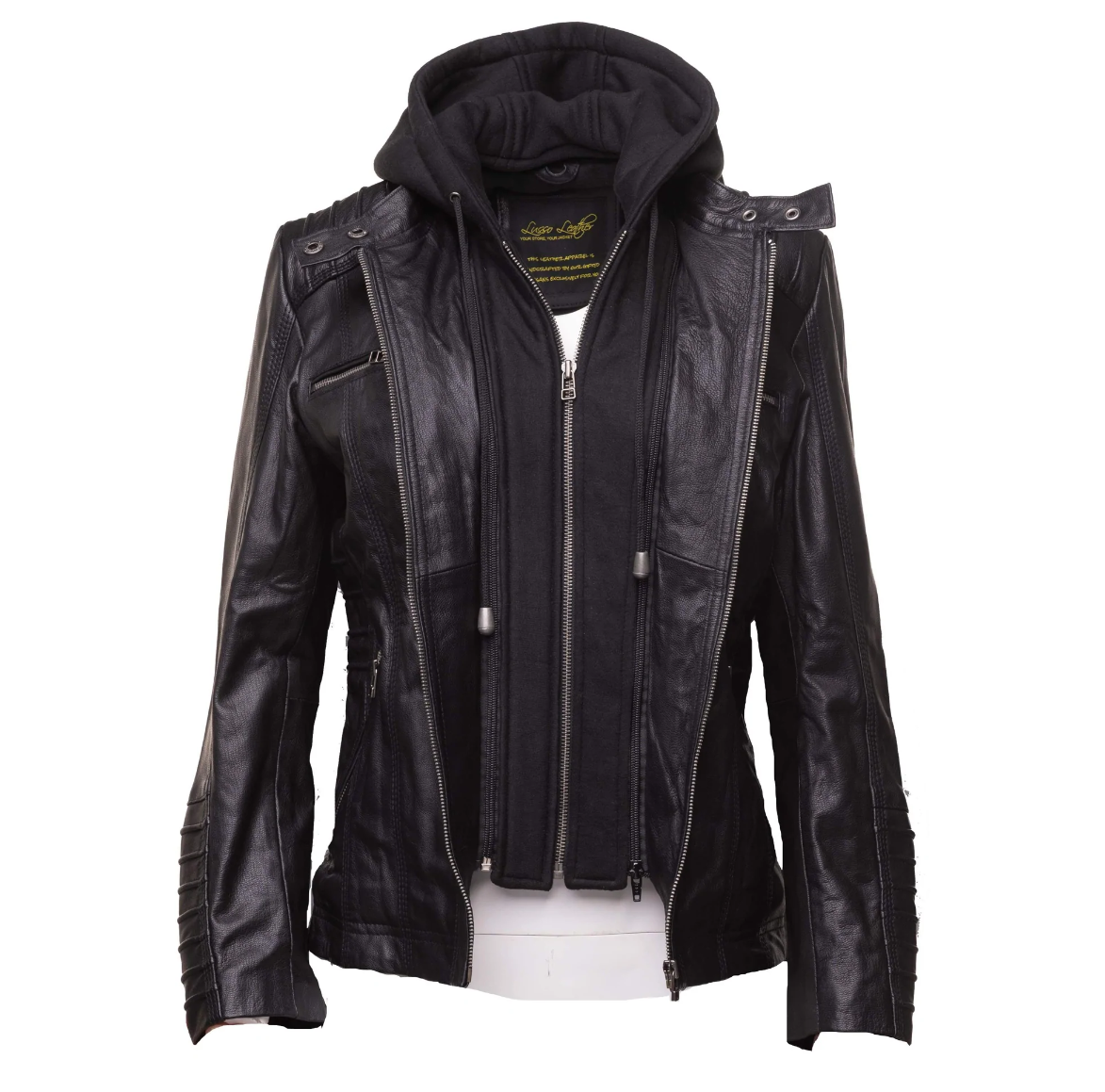 Women's black leather jacket with piping details