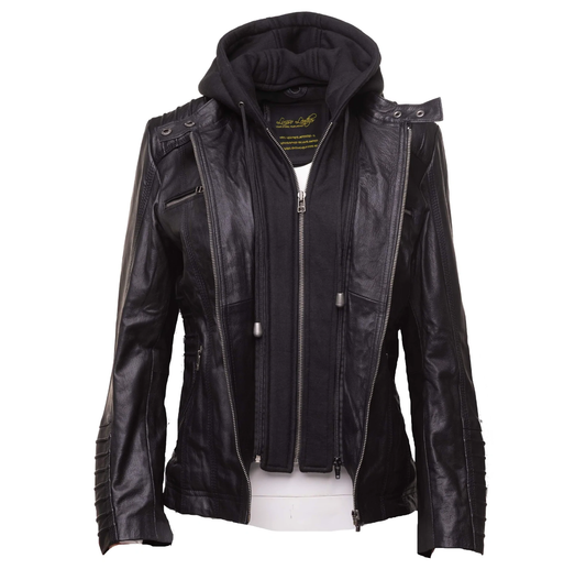 Women's black leather jacket with piping details