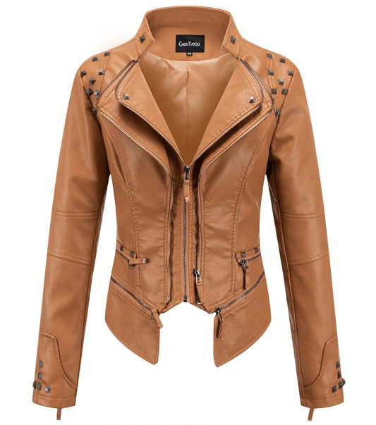 Women's Fashion Studded Perfectly Shaping Faux Leather Biker Jacket
