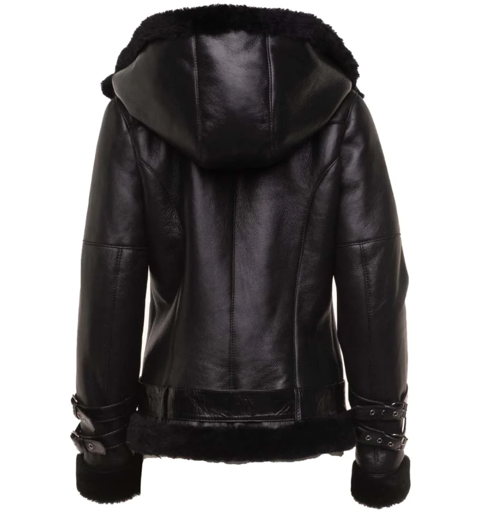 Black Biker Sheepskin Jacket with Hoodie