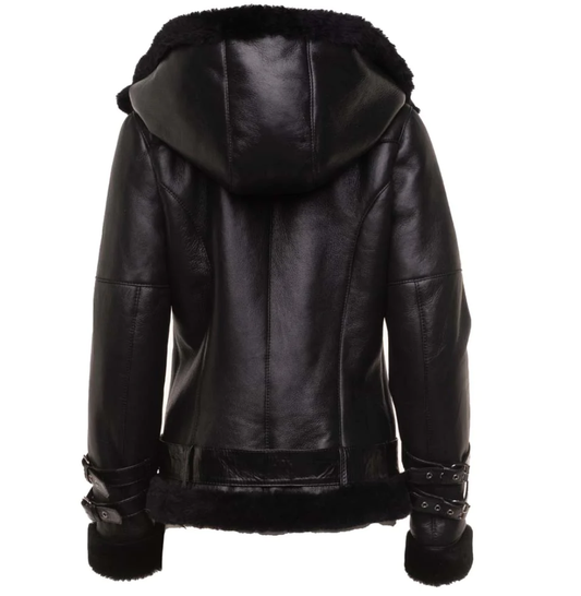 Black Biker Sheepskin Jacket with Hoodie