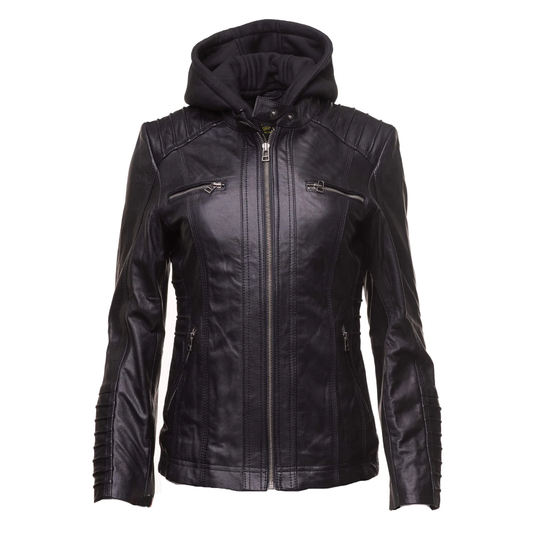 Women's black leather jacket with piping details