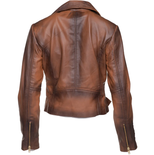 shaded brown crop biker leather jacket with waist belt