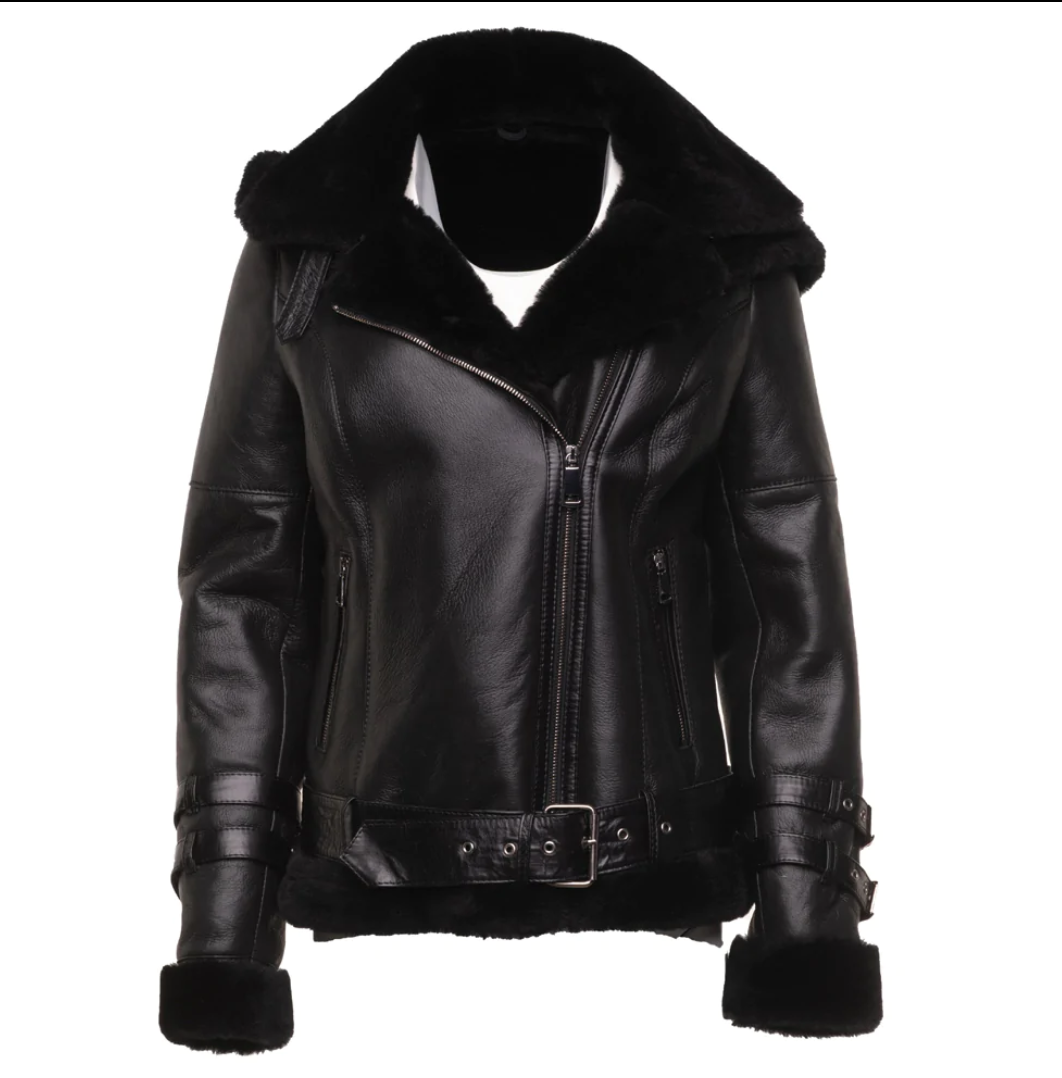 Black Biker Sheepskin Jacket with Hoodie