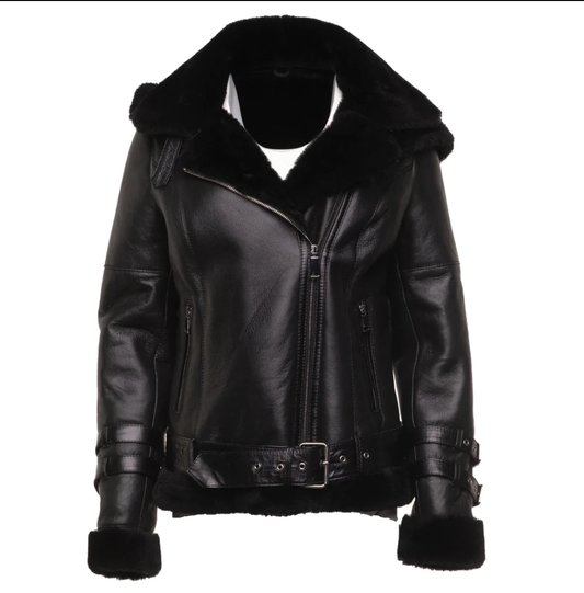 Black Biker Sheepskin Jacket with Hoodie