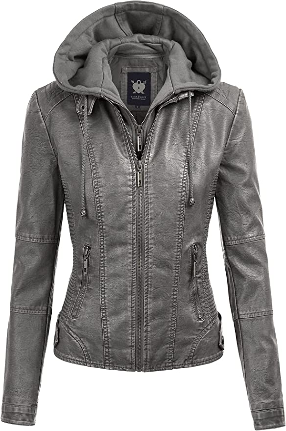 Women's Removable Hooded Faux Leather Jacket Moto Biker Coat
