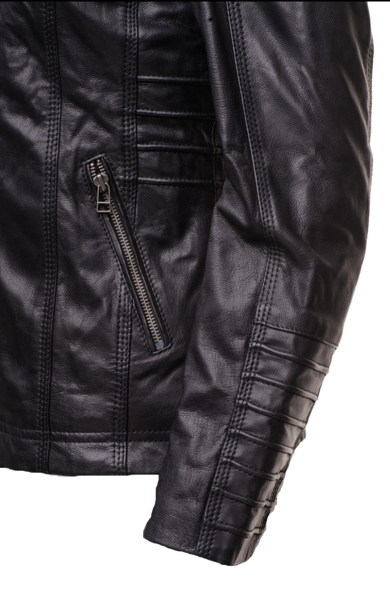 Women's black leather jacket with piping details